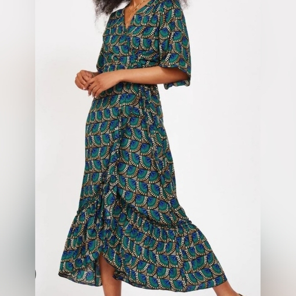 Silk & Salt Dresses & Skirts - Silk & Salt NWT Elegant Blue and Green Patterned Wrap Dress Small PTP 19